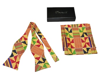 Men's Kente Ankara Self Tie Bow Tie Pocket Square Set| Dashiki African Print Tie |Black History Wedding Father's Day Gift Groomsmen Bow Tie