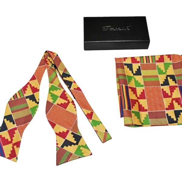 Men's Kente Ankara Self Tie Bow Tie Pocket Square Set| Dashiki African Print Tie |Black History Wedding Father's Day Gift Groomsmen Bow Tie
