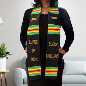 Black Excellence Class of 2024 Premium Handwoven Kente Cloth Graduation Stole Sash Black Empowerment Melanin Pride