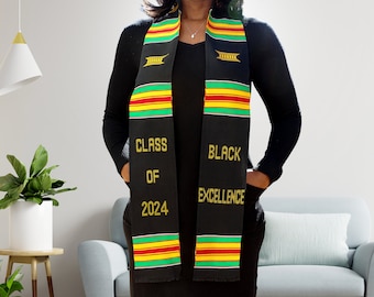 Black Excellence Class of 2024 Premium Handwoven Kente Cloth Graduation Stole Sash Black Empowerment Melanin Pride