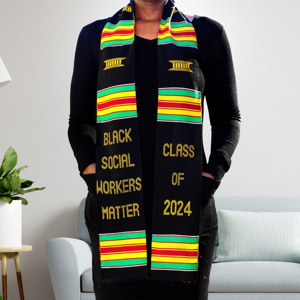 Authentic African Kente Graduation Stole| 2024 Premium handwoven | Tausi Black Social Worker graduation sash| MSW Graduation Gift