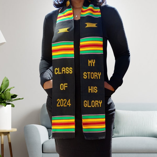 Authentic African Kente Graduation Stole | Religious inspirational graduation sash | 2024 Premium handwoven Tausi My Story His Glory stole