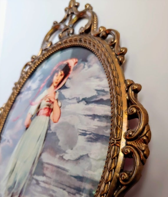 Large Vintage Convex Bubble Glass Ornate Metal Frame Woman In Convex Bubble Glass Ornate Metal Frame
