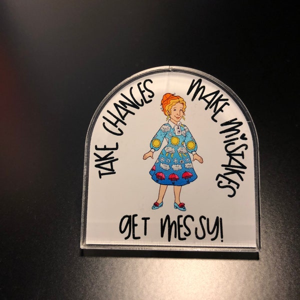 Large Ms Frizzle acrylic pin for teachers. Magic school bus pin for teachers