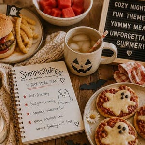 May include: A festive table setting with a burger, fries, watermelon, and ghost-shaped pizzas. A notepad reads "Summerween 7 Day Meal Plan." A mug with a jack-o'-lantern face and a sign that says "Cozy Nights, Fun Themes, Yummy Meals, Unforgettable Summer!"