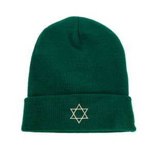May include: A dark green beanie with a gold embroidered Star of David.
