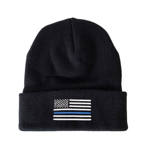 Thin Blue Line American Flag Embroidered Beanie Law Enforcement Winter Hat Police Beanie