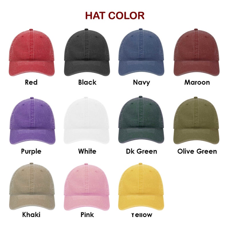 Puede incluir: Un gr&aacute;fico que muestra 12 colores diferentes de gorras de b&eacute;isbol. Los colores son rojo, negro, azul marino, granate, morado, blanco, verde oscuro, verde oliva, caqui, rosa y amarillo.
