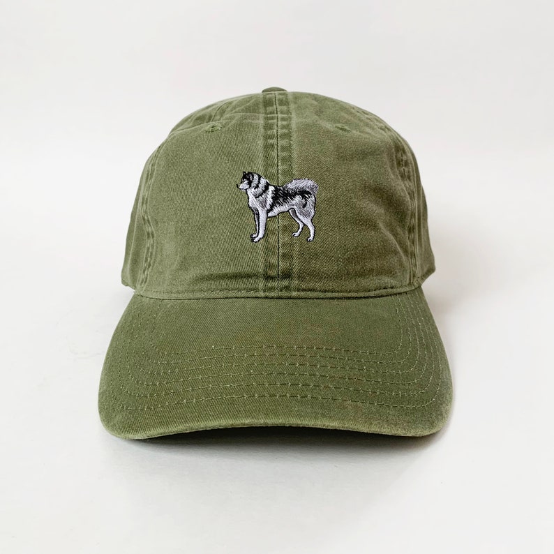 May include: A green baseball cap with an embroidered image of a husky dog.