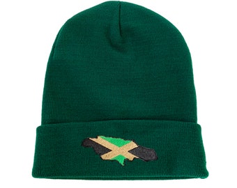 May include: A dark green beanie with a black and yellow embroidered outline of Jamaica.