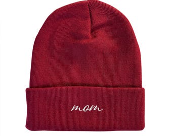 mom Embroidered Beanie Mother Winter Hat