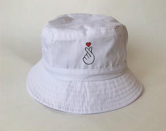 Finger Heart Embroidered Washed Cotton Bucket Hat fishing hat bucket hat