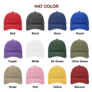 May include: A collage of 12 baseball caps in various colours, including red, black, navy, royal, purple, white, dark green, olive green, khaki, pink, yellow, and maroon. The caps are arranged in a grid pattern with the colour name written below each cap.