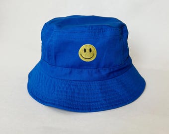 Upside down smiley, blue bucket hat with patterned patches Upside Down Smiley bucket hat – Zero Chill Club main image 3