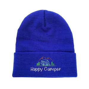 Happy Camper Embroidered Beanie Winter Hat hiking beanie travel beanie road trip beanie
