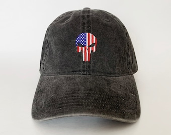 Skull American Flag Embroidered Hat skull cap dad hat Halloween hat Scary cap Washed Cotton Cap