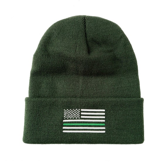 Thin Green Line American Flag Embroidered Beanie Military Winter