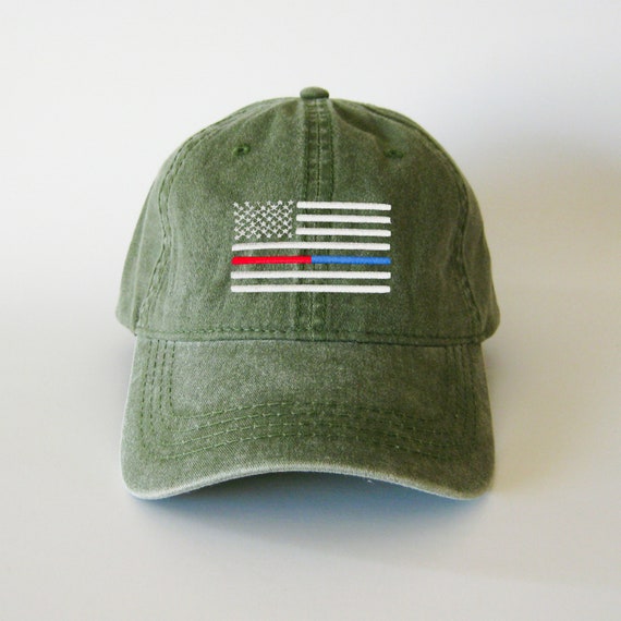 thumbnail image 2 of Thin Red/Blue Line USA Flag Embroidered Baseball Cap – Police & Firefighter Tribute Hat 2 of 4