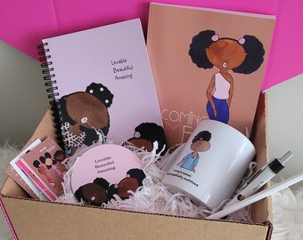 Cherish Me Afro Self-love Box. Black art, black girls rock, empowering messages,  black girl magic, black girl self love box pamper box