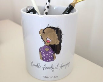 Cherish Me afro girl pen pot desk storage. Black girl magic/gifts for girls/stationery