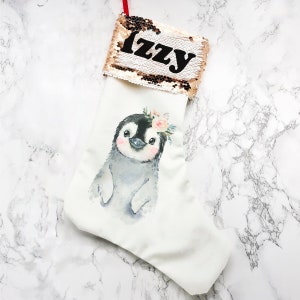 Personalised Penguin Sequin Topped Christmas Stocking