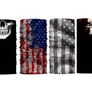 May include: Four tubular face coverings with various designs. One features a white skull on a black background. Another displays a distressed American flag in red, white, and blue. The third has a gray-scale American flag, and the last one shows a Guy Fawkes mask.