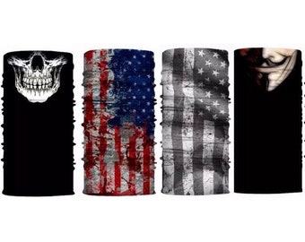 May include: Four tubular face coverings with various designs. One features a white skull on a black background. Another displays a distressed American flag in red, white, and blue. The third has a gray-scale American flag, and the last one shows a Guy Fawkes mask.