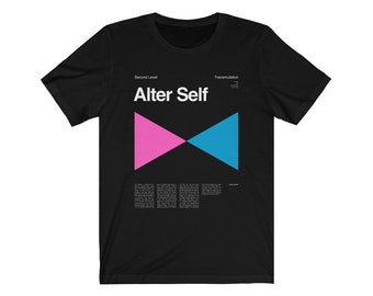 May include: Black t-shirt with a white graphic design featuring the text "Alter Self" and two overlapping triangles, one pink and one blue.