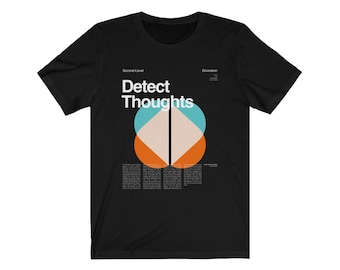 May include: Black t-shirt with a graphic design featuring a geometric shape in shades of orange, teal, and beige. The text "Detect Thoughts" is printed in white above the graphic. The text "Second Level" and "Divination" are printed in white at the top of the shirt.