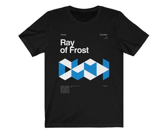 May include: Black t-shirt with a white graphic design featuring a geometric pattern in blue and white. The text "Ray of Frost" is printed in white above the design. The words "Cantrip" and "Evocation" are printed in smaller white text at the top of the design.