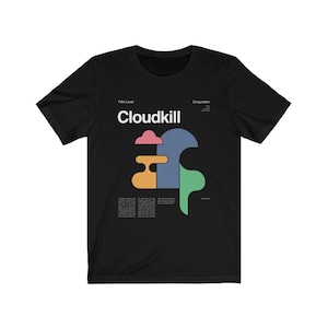 May include: Black t-shirt with a graphic design featuring the text "Cloudkill" in white, along with a colorful abstract design. The text "Fifth Level" and "Computation" are also included in the design.
