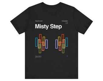 May include: Black t-shirt with white text that reads "Second Level" and "Conjuration" above the text "Misty Step". A graphic of colorful stacked rectangles is below the text.