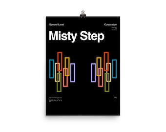 May include: Black and white poster with the text "Misty Step" in white. The poster has a graphic design of colorful stacked rectangles in two columns.