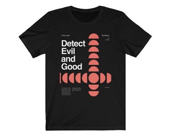 May include: Black t-shirt with a graphic design featuring the text "Detect Evil and Good" in white and a stylized design of red semi-circles.