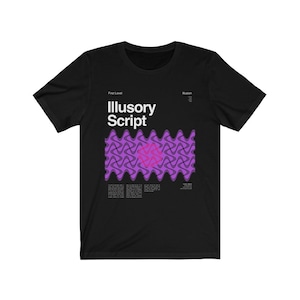 May include: Black t-shirt with a purple and black graphic design. The graphic features a wavy pattern with a pink circle in the center. The text "Illusory Script" is printed in white above the graphic.