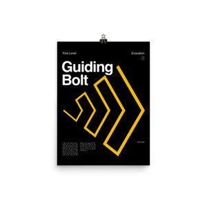 May include: Black and white poster with the text "Guiding Bolt" in white and a yellow arrow design. The poster is titled "First Level" and "Evocation".