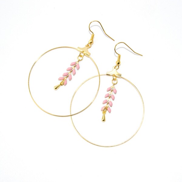 Boucles d'oreilles créoles chaîne épis rose et or, bijoux fait main, cadeau de noël, bo laiton, bo bohêmes, cadeau pour elle