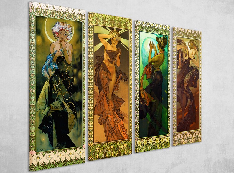 4 x Set Alphonse Mucha Style The Stars and the Moon Canvas Wall Picture Print Art Nouveau Home Decoration Living Room 