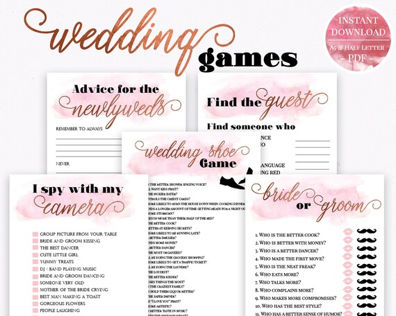 5 Rose Gold Wedding Reception Games Pink Watercolor Games Etsy