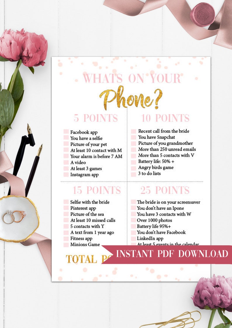 whats-on-your-phone-bridal-shower-game-pink-and-gold-bridal-etsy