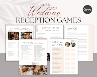 5 juegos de recepción de bodas, juego de recepción de bodas imprimible, juegos de bodas editables, juegos de mesa de bodas