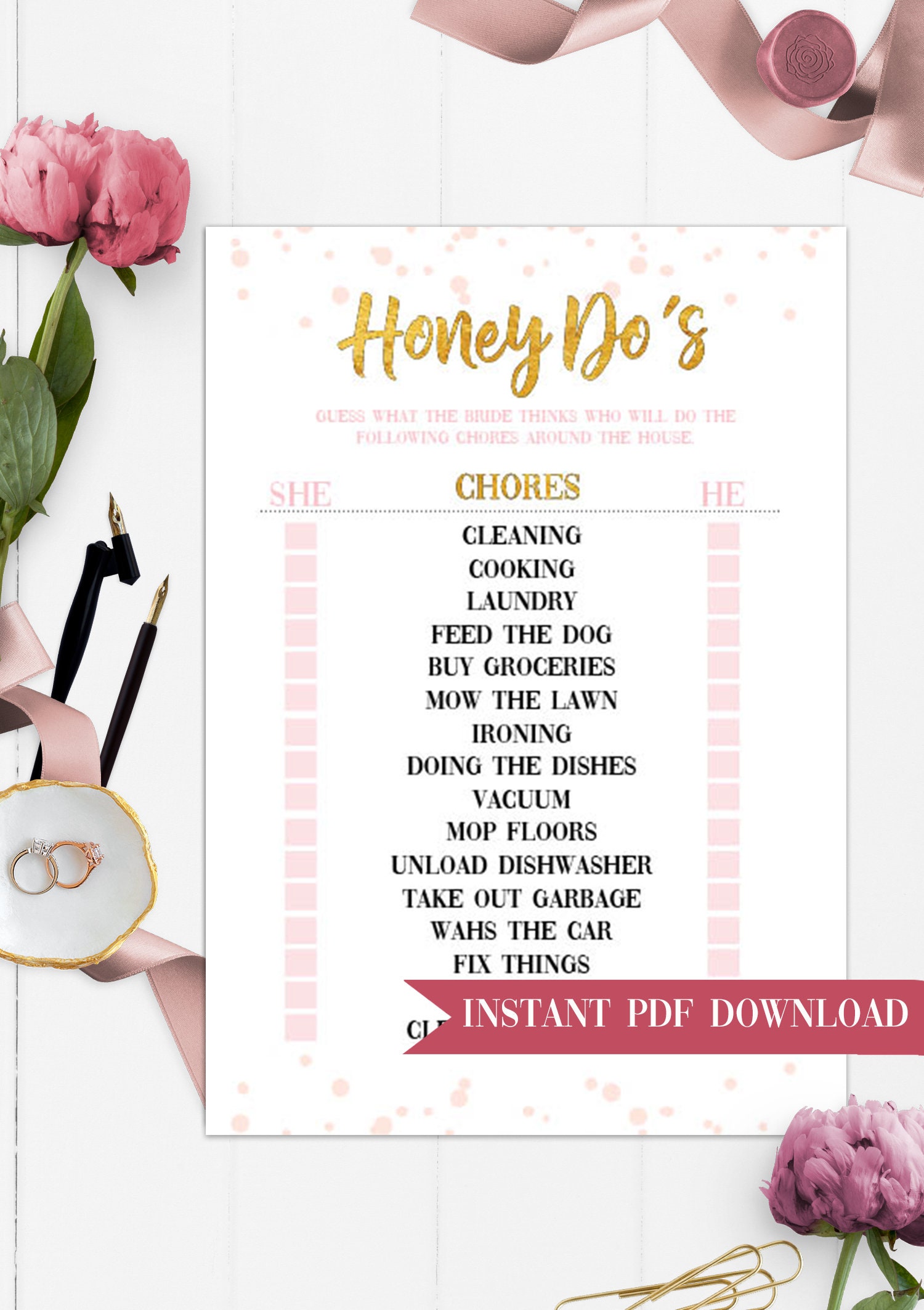 Honey Do's Printable Bridal Shower Game Pink And Gold Etsy