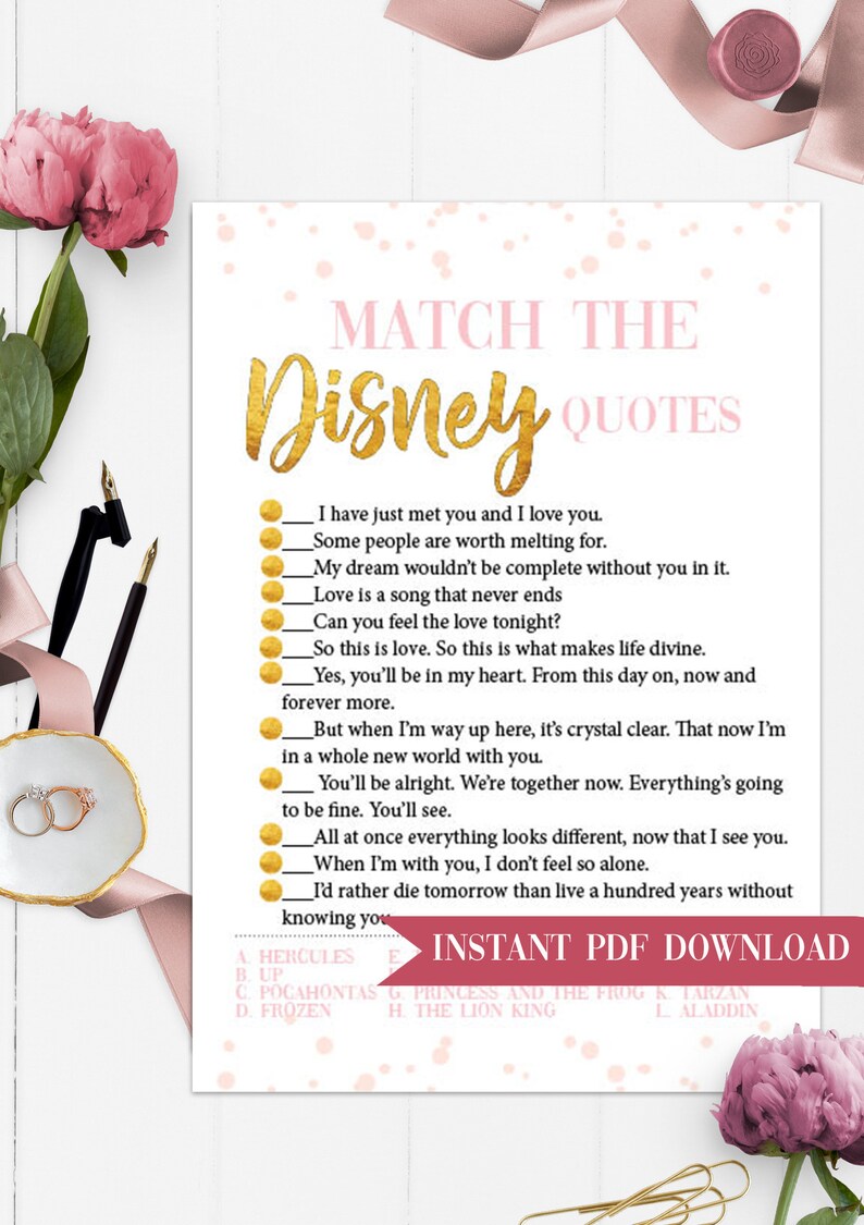 Match the Disney Quotes Bridal Shower Game Disney Love Quotes Etsy