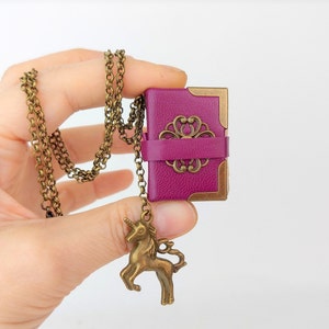 Book Necklace, Unicorn Mini book pendant, Book lover gift, Fantasy Miniature book, Fast shipping by courier