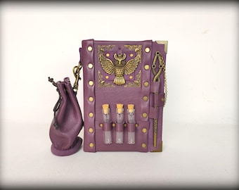 Handmade Purple Leather Journal: Owl, Pouch & Mini Bottles