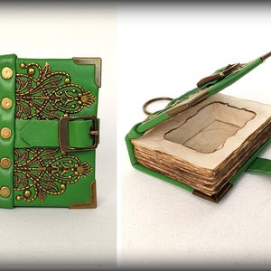 Mini leren boeksleutelhanger: ringdoos met geheim compartiment