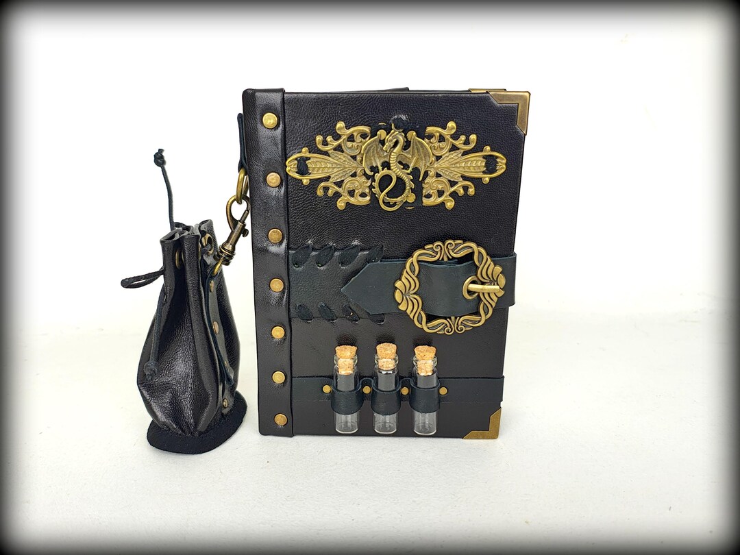 Handmade Black Pages Leather Grimoire Journal, A6 Fantasy Notebook ...