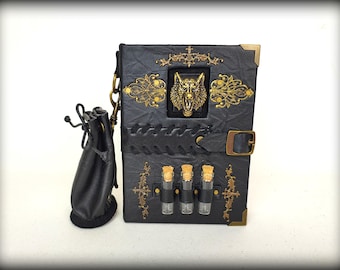 Wolf Leather Journal: Handmade Fantasy Grimoire with Potion Vials