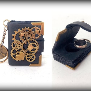 Boîte noire à bagues steampunk, livre miniature à compartiment secret, livre creux, mini porte-clés livre en cuir, expédition rapide par transporteur