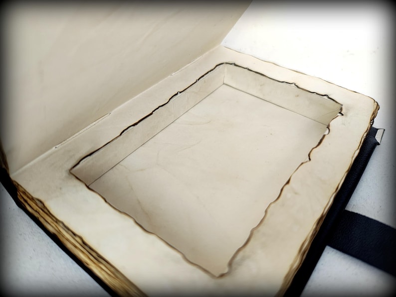 May include: Open book with a hidden compartment carved into the pages. The pages have a distressed, aged appearance with burnt edges, suggesting a vintage or antique aesthetic. The book is bound in black.